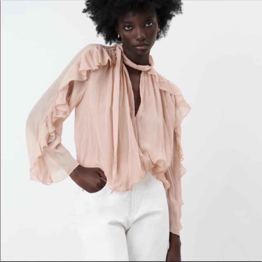 Zara Beige Pink Tie Neck Ruffle Long Sleeve Blouse